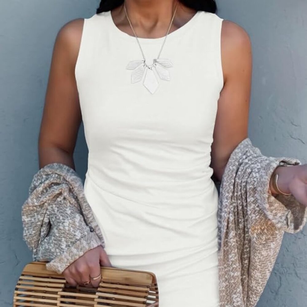 White Womens Tank Dress Summer Sleeveless Tshirt Ruched Bodycon Mini Dress